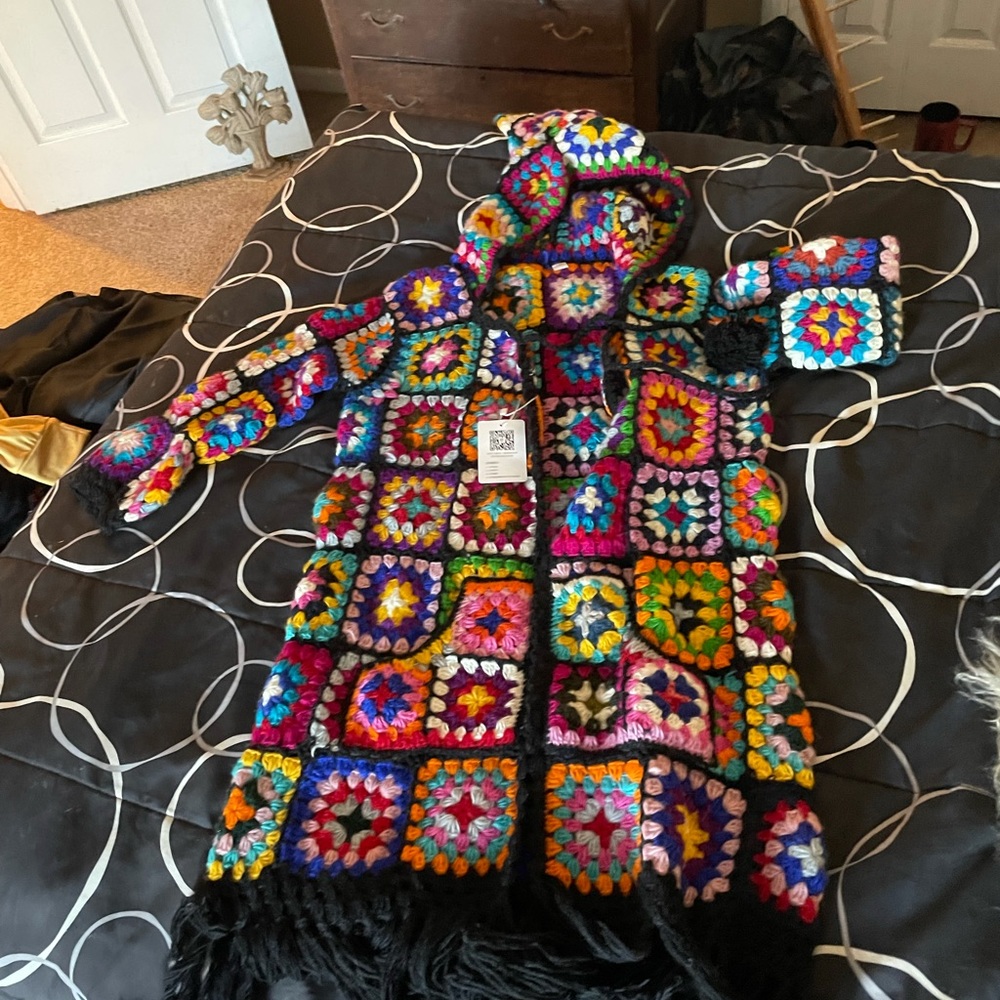 Granny Square Wool pixie hood fringe cardigan sweater Boho festival Multi color